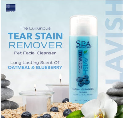 SPA by TropiClean Tear Stain Remover is the routine solution for continued staining and discoloration of pet facial areas