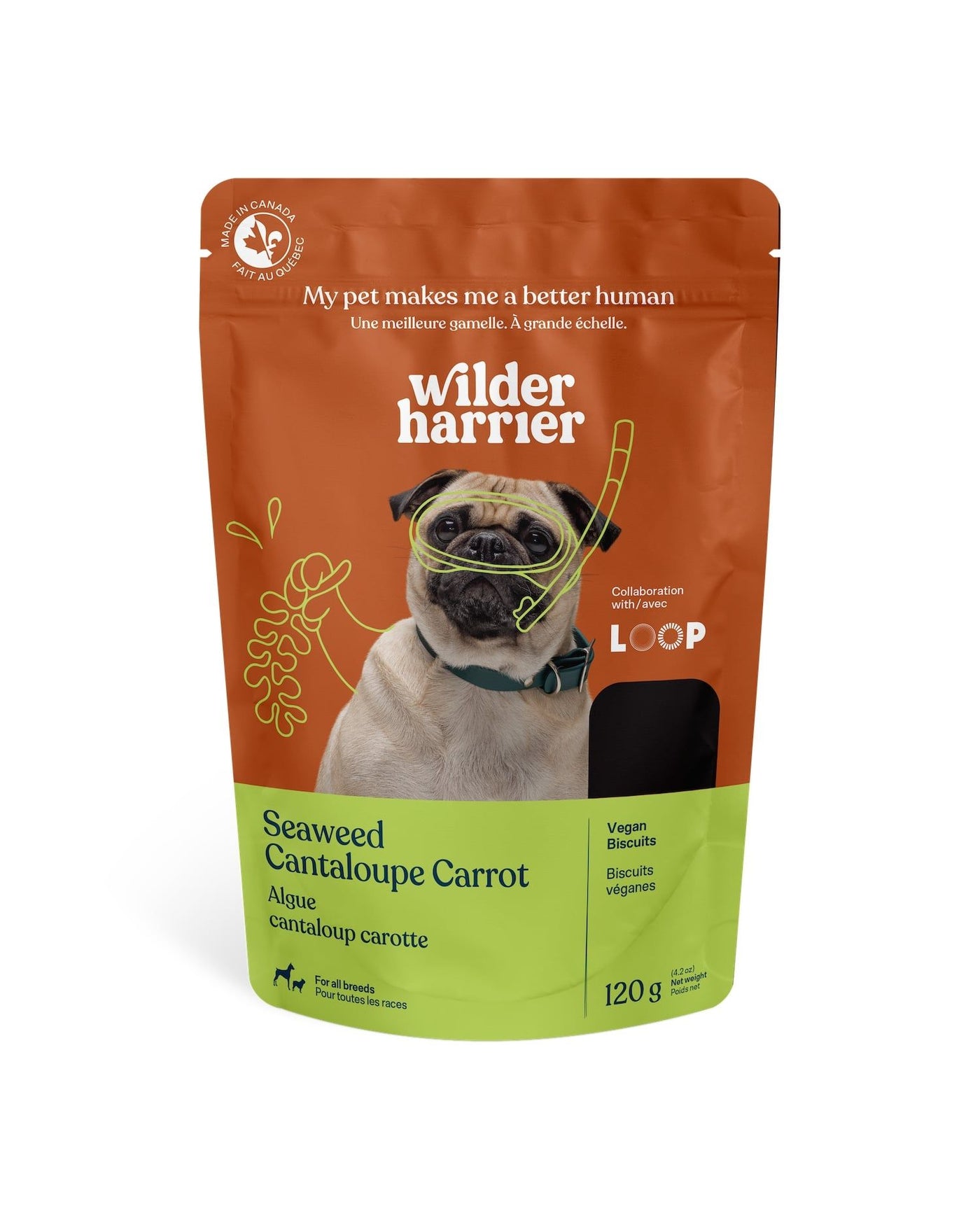 Friandises pour chiens Wilder Harrier : algues, cantaloup et carottes (120 g)